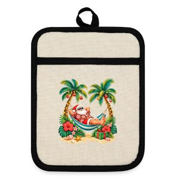 Weihnachtsmanns freier Tag – tropische Weihnachtshängematte - Topflappen mit Gummirückseite - Leinen/Schwarz  - Vorne