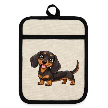 Kawaii Dackel – Niedlicher Hund mit Charme - Topflappen mit Gummirückseite - Leinen/Schwarz  - Vorne