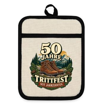 50 Jahre Trittfest Wandern - Topflappen mit Gummirückseite - Leinen/Schwarz  - Vorne