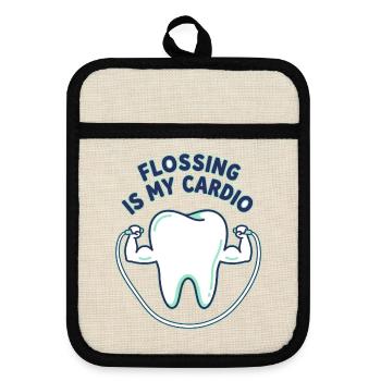 Zahnseide ist mein Cardio-Abzeichen – Zahnhumor-Abzeichen - Topflappen mit Gummirückseite - Leinen/Schwarz  - Vorne