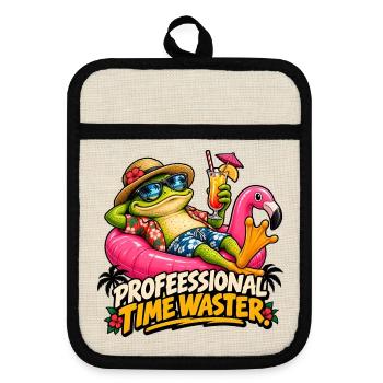 Frosch im Ruhestand – Meister der Faulheit - Topflappen mit Gummirückseite - Leinen/Schwarz  - Vorne