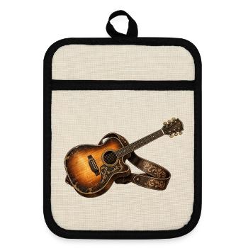 Akustikgitarre – Rustikale Vintage Musik Kunst - Topflappen mit Gummirückseite - Leinen/Schwarz  - Vorne
