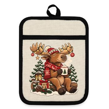 Weihnachtselch mit Schal und heißem Kakao - Topflappen mit Gummirückseite - Leinen/Schwarz  - Vorne