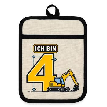 4. Geburtstag Bagger Baustelle - Topflappen mit Gummirückseite - Leinen/Schwarz  - Vorne