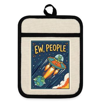 EW, Leute UFO-Cartoon - Topflappen mit Gummirückseite - Leinen/Schwarz  - Vorne
