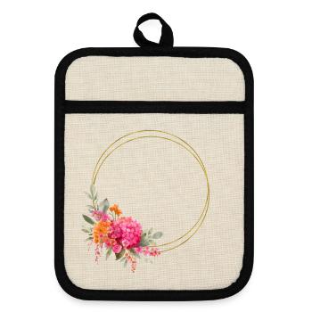 Farbenfroher Blumen-Kranz Personalisierbar - Topflappen mit Gummirückseite - Leinen/Schwarz  - Vorne