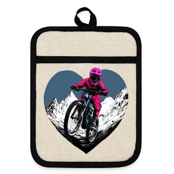 Love Bike / Mountainbiker Herz - Topflappen mit Gummirückseite - Leinen/Schwarz  - Vorne