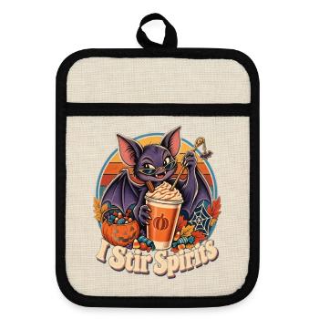 Halloween-Fledermaus-Barkeeper I Stir Spirits - Topflappen mit Gummirückseite - Leinen/Schwarz  - Vorne