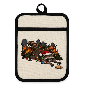 Lustiger Waschbär Weihnachten Weihnachtsbaum Meme - Topflappen mit Gummirückseite - Leinen/Schwarz  - Vorne
