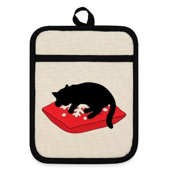 gatto_cucciolo_nero_dorme_su_un_cuscino_inverna - Topflappen mit Gummirückseite - Leinen/Schwarz  - Vorne