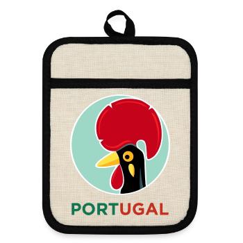 Hahn von Barcelos, Portugal - Topflappen mit Gummirückseite - Leinen/Schwarz  - Vorne