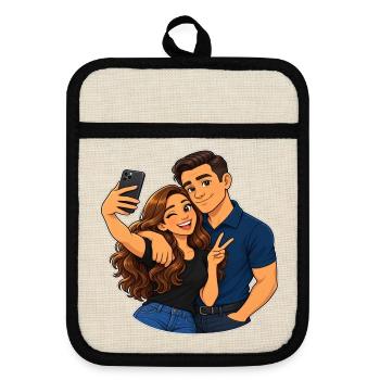 Paar-Selfie-Cartoon - Topflappen mit Gummirückseite - Leinen/Schwarz  - Vorne