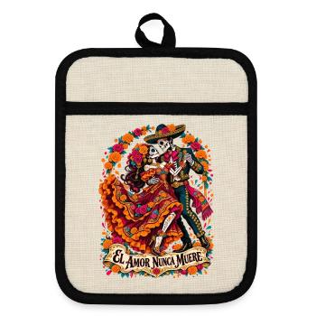 Liebe bleibt: Dia Muertos Paar - Topflappen mit Gummirückseite - Leinen/Schwarz  - Vorne