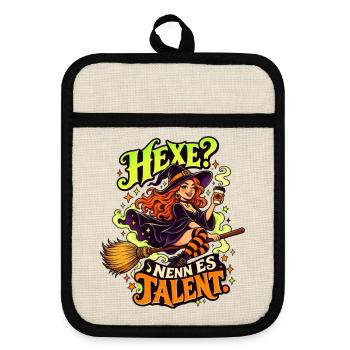 Hexe Talent: Kaffeewitch auf Besen - Topflappen mit Gummirückseite - Leinen/Schwarz  - Vorne