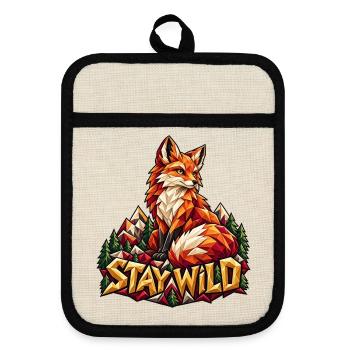 Stay Wild Fuchs Low Poly Berge Wald Natur Shirt - Topflappen mit Gummirückseite - Leinen/Schwarz  - Vorne