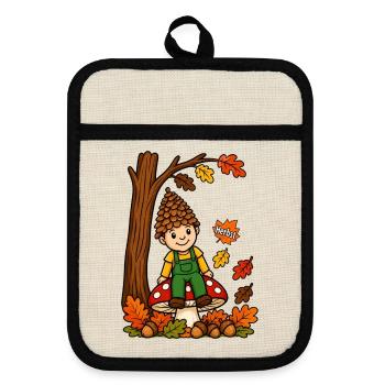 EG Herbst Männlein Tannenzapfen Kind Eicheln Wald - Topflappen mit Gummirückseite - Leinen/Schwarz  - Vorne