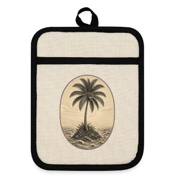 Island Palm Vintage-Gravur - Topflappen mit Gummirückseite - Leinen/Schwarz  - Vorne