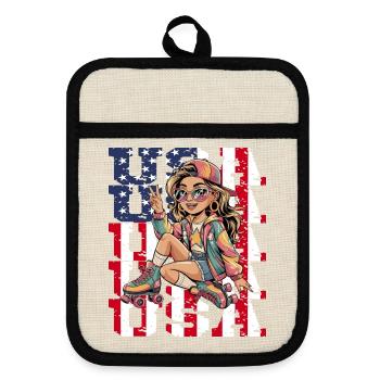  Stylisches USA-Retro-Girl auf Rollschuhen mit - Topflappen mit Gummirückseite - Leinen/Schwarz  - Vorne
