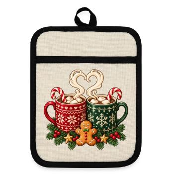 Weihnachts-Heißschokoladen-Tassen und Lebkuchen - Topflappen mit Gummirückseite - Leinen/Schwarz  - Vorne