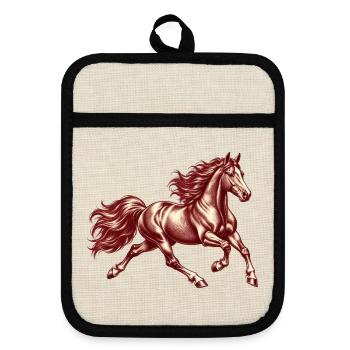 Galoppierendes Pferd Vintage-Gravur Burgund - Topflappen mit Gummirückseite - Leinen/Schwarz  - Vorne
