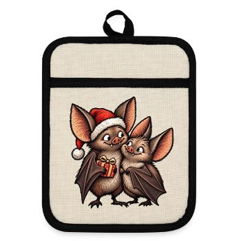 Weihnachtsfledermäuse mit Weihnachtsgeschenk - Topflappen mit Gummirückseite - Leinen/Schwarz  - Vorne