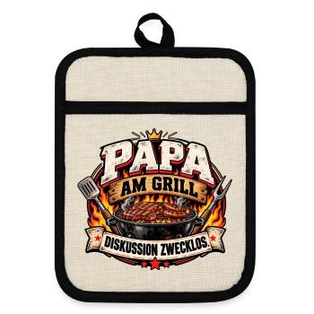 Papa am Grill: Diskussion Zwecklos - Topflappen mit Gummirückseite - Leinen/Schwarz  - Vorne