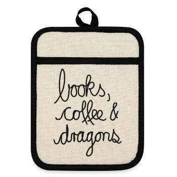 Books, Coffee & Dragons – Design für Leseratten - Topflappen mit Gummirückseite - Leinen/Schwarz  - Vorne