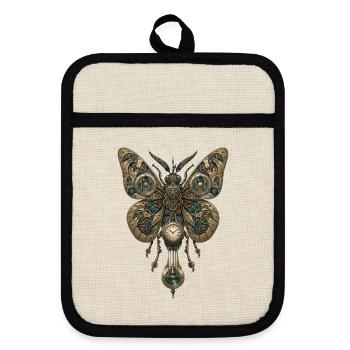 Steampunk Schmetterling – Uhr Mechanik Kunst - Topflappen mit Gummirückseite - Leinen/Schwarz  - Vorne