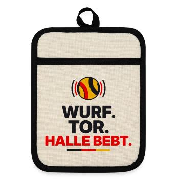 Wurf. Tor. Halle bebt. - Topflappen mit Gummirückseite - Leinen/Schwarz  - Vorne