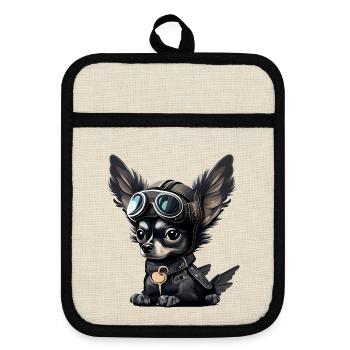 Chihuahua als Pilot Bunt Hund Fliegerbrille Pilot - Topflappen mit Gummirückseite - Leinen/Schwarz  - Vorne