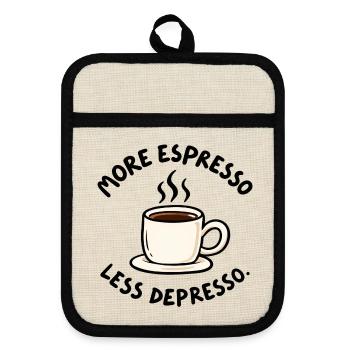 Mehr Espresso weniger Depresso – Kaffee Humor - Topflappen mit Gummirückseite - Leinen/Schwarz  - Vorne
