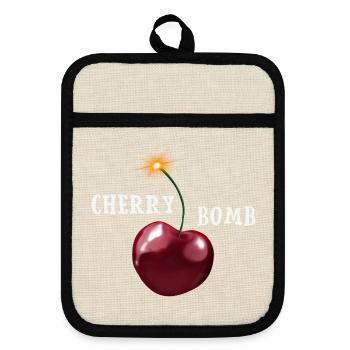Cherry Bomb - Kirsche mit brennender Lunte - Topflappen mit Gummirückseite - Leinen/Schwarz  - Vorne