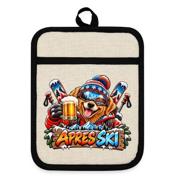 Retriever beim Après-Ski – Winterparty mit Ski - Topflappen mit Gummirückseite - Leinen/Schwarz  - Vorne