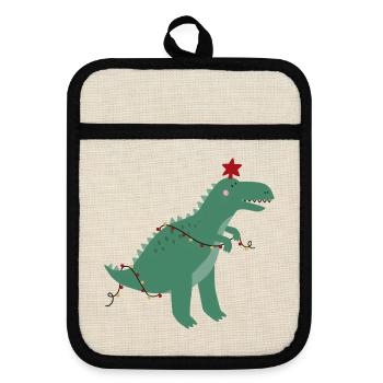 Niedlicher Weihnachtsdinosaurier - Topflappen mit Gummirückseite - Leinen/Schwarz  - Vorne