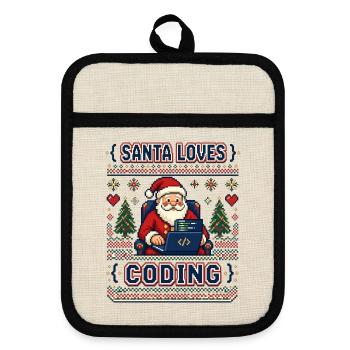 Santa Loves Coding – Pixel Ugly Sweater Look - Topflappen mit Gummirückseite - Leinen/Schwarz  - Vorne