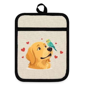 Herzfreund Hund und Papagei - Topflappen mit Gummirückseite - Leinen/Schwarz  - Vorne