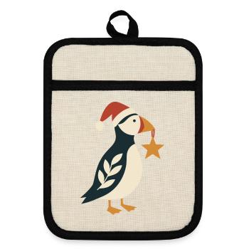 Weihnachtspuffin mit Weihnachtsstern - Topflappen mit Gummirückseite - Leinen/Schwarz  - Vorne