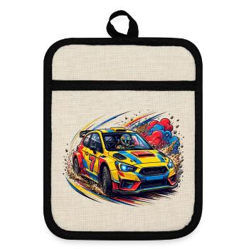 Rallye-, Sportwagen-, Rallye-Fan - Topflappen mit Gummirückseite - Leinen/Schwarz  - Vorne