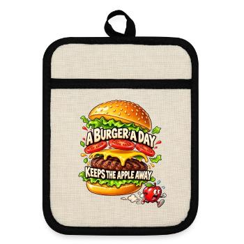 A Burger a Day Keeps the Apple Away – Burgerhumor - Topflappen mit Gummirückseite - Leinen/Schwarz  - Vorne