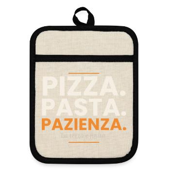 Pizza. Pasta. Geduld. – Pizzeria T-Shirt - Topflappen mit Gummirückseite - Leinen/Schwarz  - Vorne