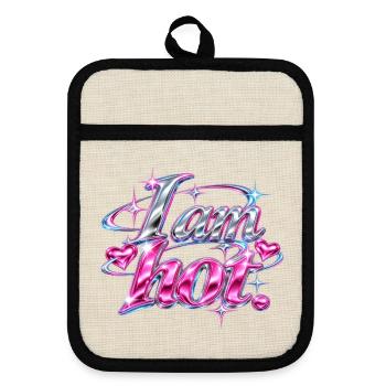 I am hot Glitzer Pink Schriftdesign - Topflappen mit Gummirückseite - Leinen/Schwarz  - Vorne