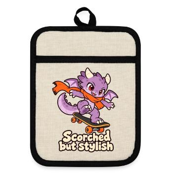 Verbrannt, aber stilvoll – Skateboarding Dragon - Topflappen mit Gummirückseite - Leinen/Schwarz  - Vorne