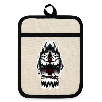 Tätowierter schwarzer Totenkopf und Kreuz - Topflappen mit Gummirückseite - Leinen/Schwarz  - Vorne