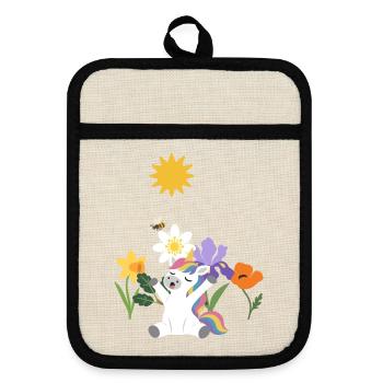 Einhorn Blumen Kinder fantasievoll Silberwurz - Topflappen mit Gummirückseite - Leinen/Schwarz  - Vorne