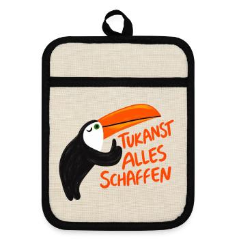 Tukanst alles schaffen – Lustiger Tukan Motiv - Topflappen mit Gummirückseite - Leinen/Schwarz  - Vorne