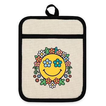 Blumenkranz Sonnenschein - Topflappen mit Gummirückseite - Leinen/Schwarz  - Vorne