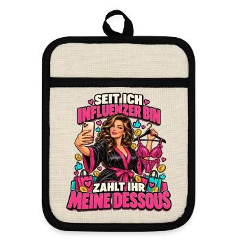 Influencerin Selfie mit Dessous - Topflappen mit Gummirückseite - Leinen/Schwarz  - Vorne