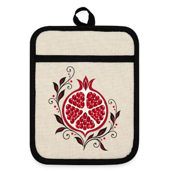 Granatapfel mit Blumen - Botanische Kunst - Topflappen mit Gummirückseite - Leinen/Schwarz  - Vorne