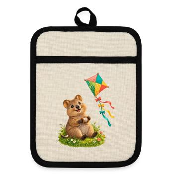 Kleines Quokka mit buntem Wiesendrachen - Topflappen mit Gummirückseite - Leinen/Schwarz  - Vorne