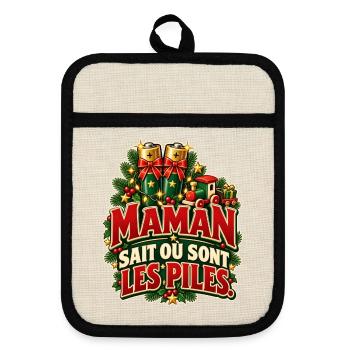 Mama weiß, wo die Batterien sind – Weihnachtshumor - Topflappen mit Gummirückseite - Leinen/Schwarz  - Vorne